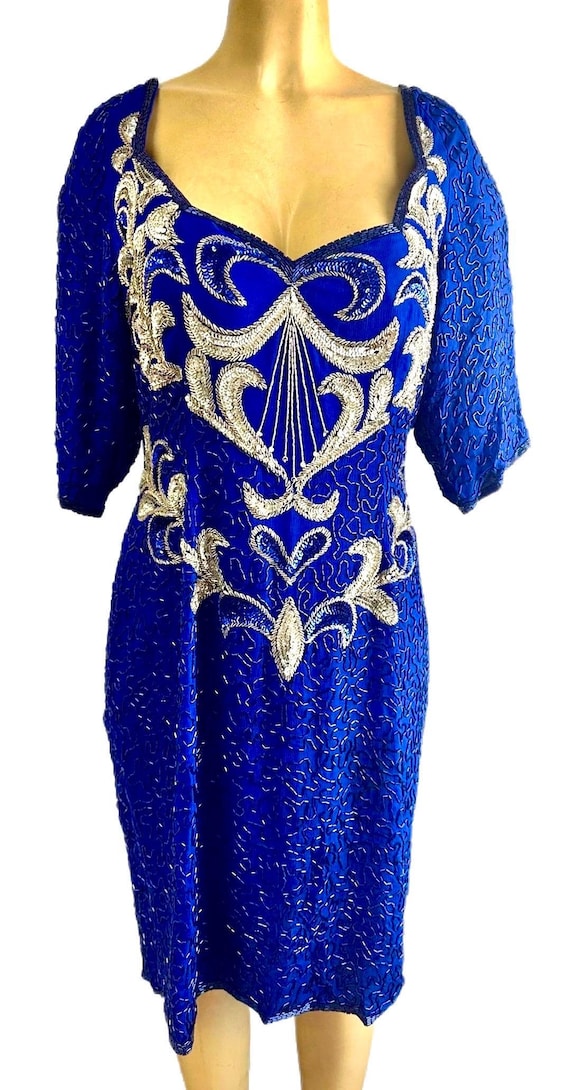 Sequin Dress Blue Silver: Shimmering Metallic Mini Gown in Stretch Fabric, Women's Small-XL