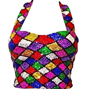 Sequin Bustier Halter Top Mosaic Squares, Multi Color Corset