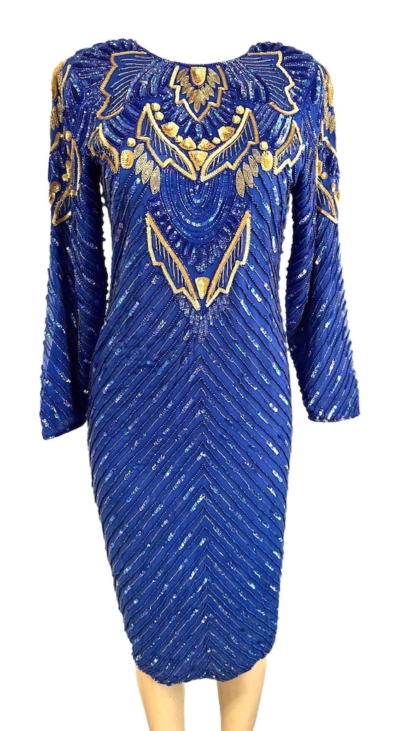 royal blue and gold long sleeve dress Gown With Sequins, Slim Fit Formal Dress, Gala Event Evening Wear, Holiday Party Style blue white gold dress