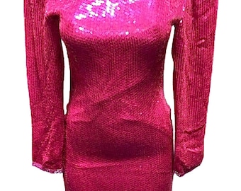 Sequined Dress Hot Pink Fushia Party Cocktail Mini, Sparkly Bodycon Clubwear, Festival Birthday Outfit, Glam Night Out Dress
