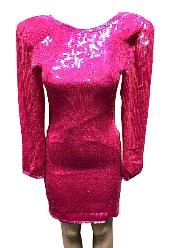 Hot Pink Sequin Bodycon Mini Dress, Sparkly Glam Party Clubwear Outfit