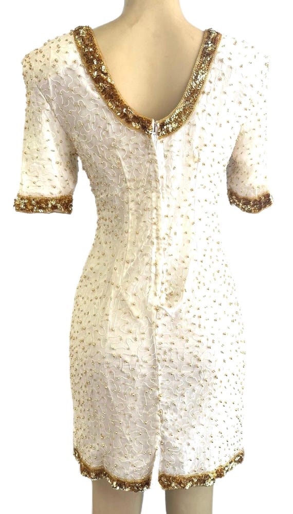 snopes white and gold dress Sequin Midi Dress: Fully Lined Short Sleeve Party Cocktail (Size 10) femme