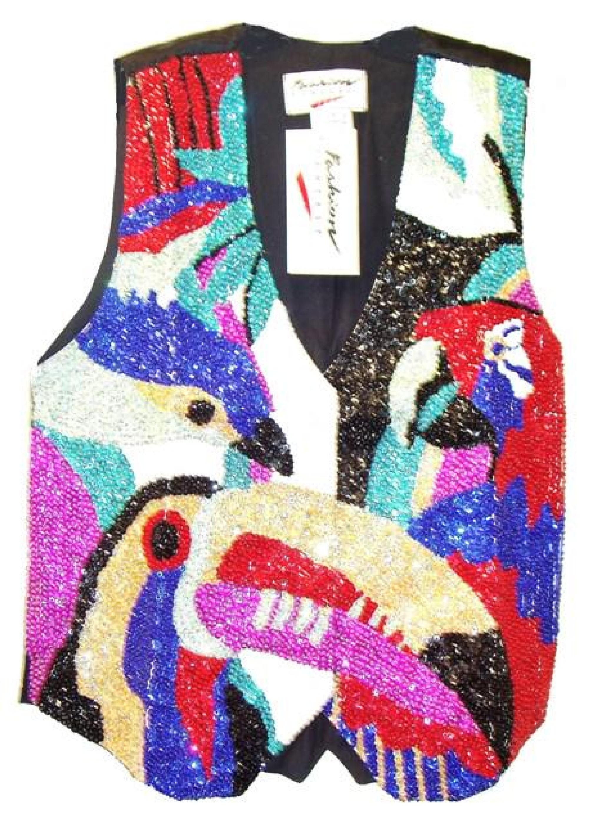 Beaded Bird Vest Sequin Bird Vest, Colorful Party Top, Birds Of A Feather Animal Motif Vest, Parrot Style Vest, Sparkly Bird Lover Gift