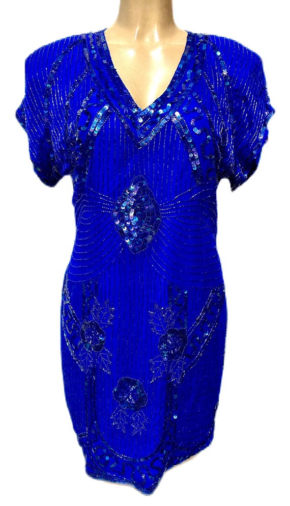 beaded dress size 12 Sequin Blue 12: Hand Embellished Formal Gown, Short Sleeve, Satin Lined Gold