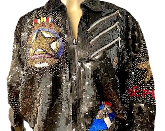 Chaqueta bomber con lentejuelas, negra y multicolor: lentejuelas arcoíris brillantes, corte unisex, ligera, con cremallera.