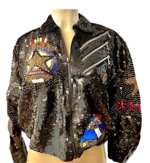 Sequin Bomber Jacket Black Multi: Shimmering Rain… - image 1