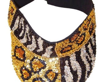 Visera de lentejuelas, visera con estampado de tigre y lunares de leopardo, sombrero safari brillante, sombrero para festivales, visera para viaje a Las Vegas, regalo para la playa