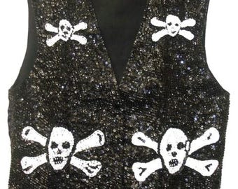 Piratenvest met pailletten, doodskop en gekruiste botten, piratenvest met kralen, glinsterend piratenvest, unisex piratentop, piraten cosplayvest, feestoutfit
