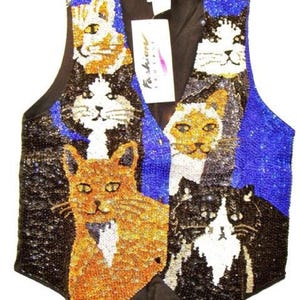 Chaleco con lentejuelas y cuentas Fancy Felines, chaleco unisex para adultos, patrón de gato negro, adornado a mano