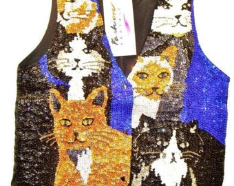Pailletten-Katzenweste mit handbesticktem, schwarzem Katzenmuster, glitzernde Weste für Katzenliebhaber, originelle Partykleidung mit Katzenmotto