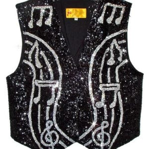 Gilet noir à sequins pour notes de musique, tenue de scène argentée scintillante, haut pour costume de chorale (L)