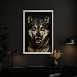 Könnte beinhalten: Gerahmter Kunstdruck mit einer detaillierten Illustration eines Wolfes mit aggressivem Ausdruck. Der Wolf hat eine Mischung aus grauem, braunem und schwarzem Fell, mit einem blauen und einem bernsteinfarbenen Auge. Das Kunstwerk ist vor dunklem Hintergrund.