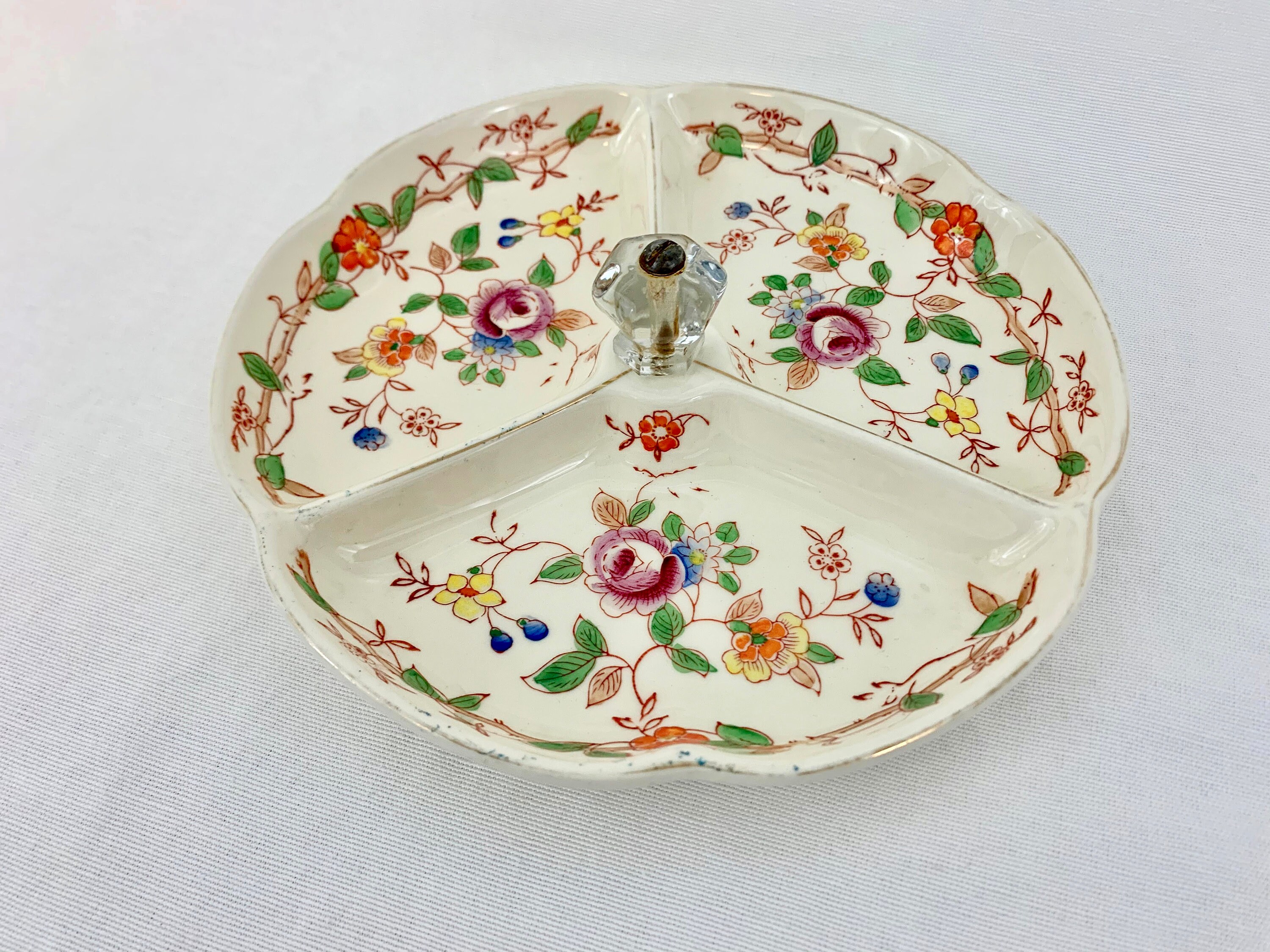 Vintage Japanese Divided Small Serving Dish Floral Painted Server With