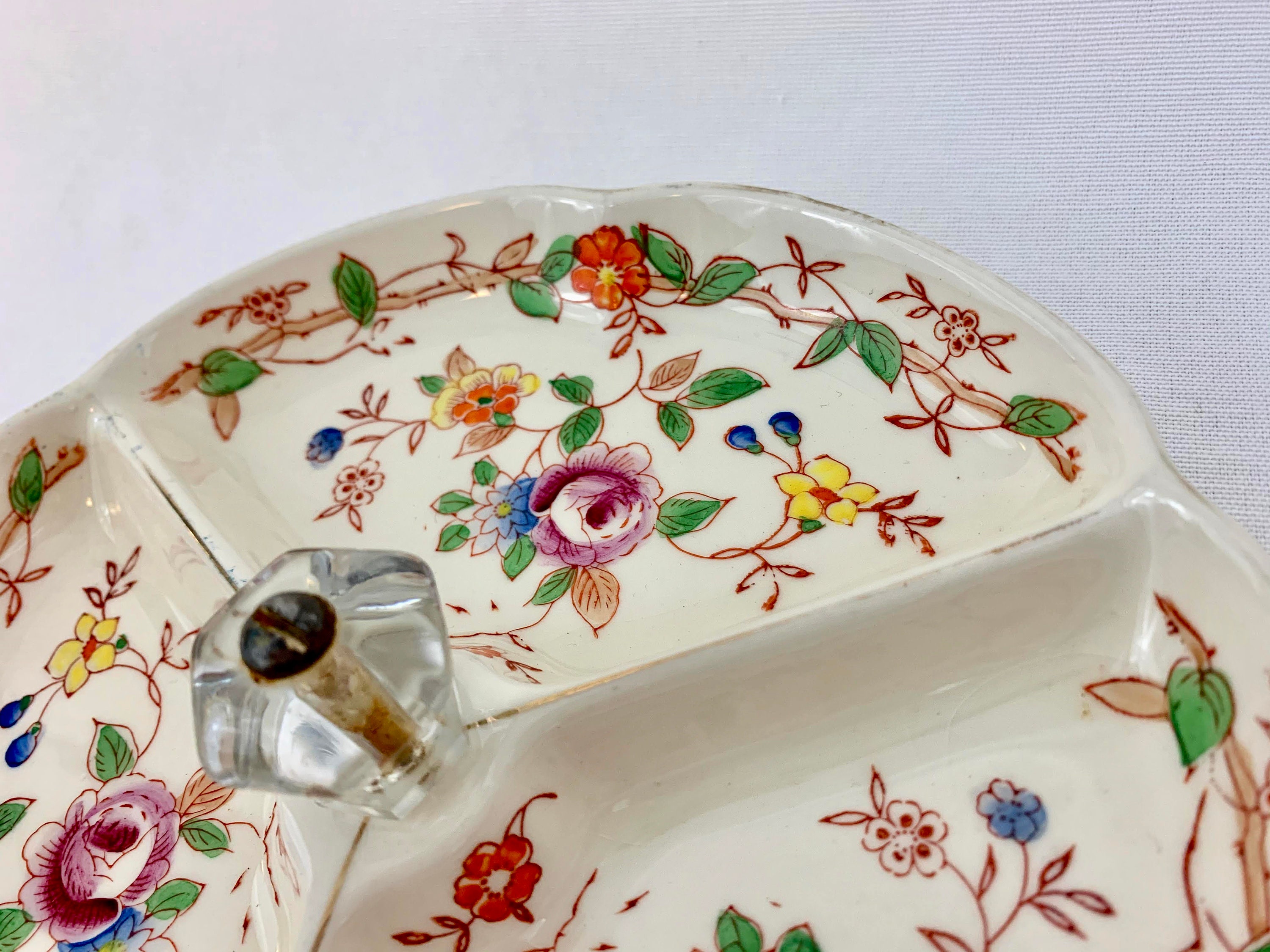 Vintage Japanese Divided Small Serving Dish Floral Painted Server With