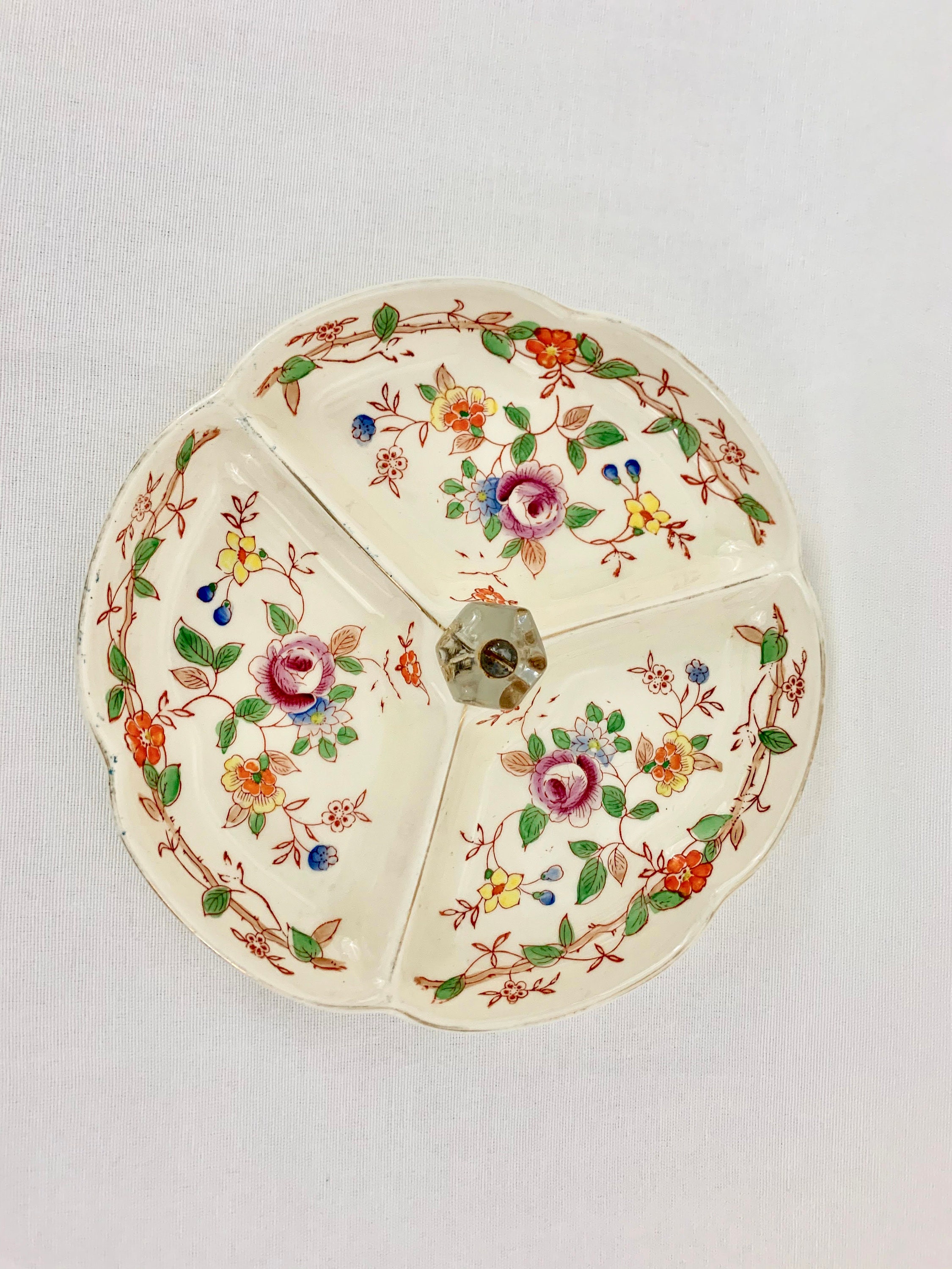 Vintage Japanese Divided Small Serving Dish Floral Painted Server With