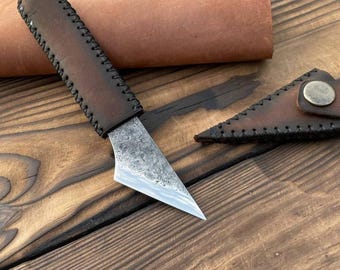Ręcznie kuty nóż Kiridashi, nóż do znakowania 52100, narzędzie do obróbki skóry, skórzana pochwa