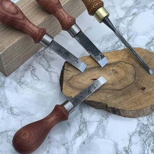 Set of 4 Hand-Forged Straight Wood Carving Chisels | Hardwood Handles | Flat Edge Detail Tools