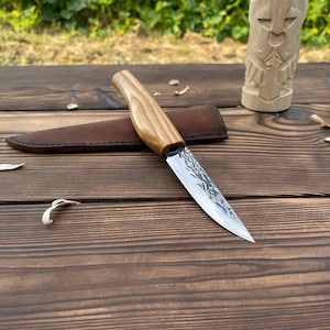 Hand Forged Sloyd Knife, 52100 Wood Carving Knife, Ash Handle, Leather Sheath