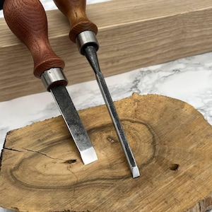 Set of 2 Hand-Forged Straight Wood Carving Chisels | Hardwood Handles | Flat Edge Detail Tools