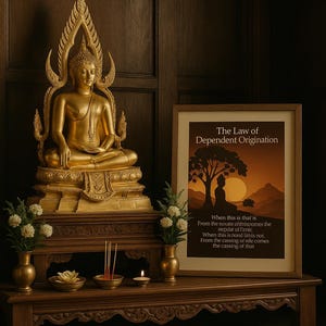 Puede incluir: Una estatua dorada de Buda se encuentra sobre un altar de madera, flanqueada por pequeños jarrones con flores blancas. Se muestra una impresión enmarcada con el texto "The Law of Dependent Origination". Un cojín de meditación marrón descansa en el suelo.