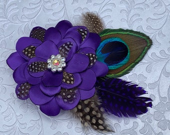 Grape Purple Flowered Hair Clip with Peacock Feather
