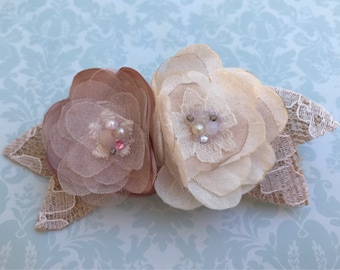 Dusty Rose and Ivory Floral Burlap Hair Clip