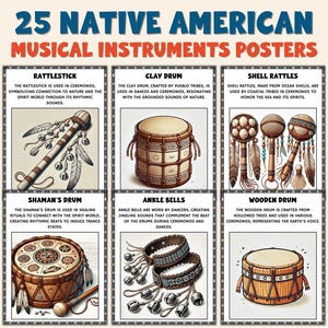 Puede incluir: Un póster titulado "25 Pósteres de instrumentos musicales nativos americanos" presenta ilustraciones de varios instrumentos. Estos incluyen un sonajero, un tambor de arcilla, sonajeros de concha, un tambor chamánico, cascabeles de tobillo y un tambor de madera. Cada instrumento tiene una breve descripción.