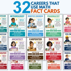 May include: A set of 32 educational fact cards titled 32 Careers That Use Math. Each card features a cartoon character representing a profession like statistician, meteorologist, or nurse, with sections detailing job duties, math skills, and trivia.