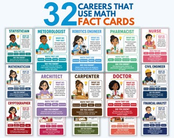 Math Careers Fact Cards, 32 Careers That Use Math Posters, Career Day Printable Kids, Math Classroom Decor, Career Exploration PDF