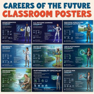 May include: A set of classroom posters titled "Careers of the Future." The posters showcase illustrations of various professions, such as Bioinformatics Scientist, AI Specialist, and Environmental Engineer. Each poster includes job descriptions and key skills.