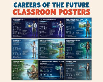 May include: A set of classroom posters titled "Careers of the Future." The posters showcase illustrations of various professions, such as Bioinformatics Scientist, AI Specialist, and Environmental Engineer. Each poster includes job descriptions and key skills.