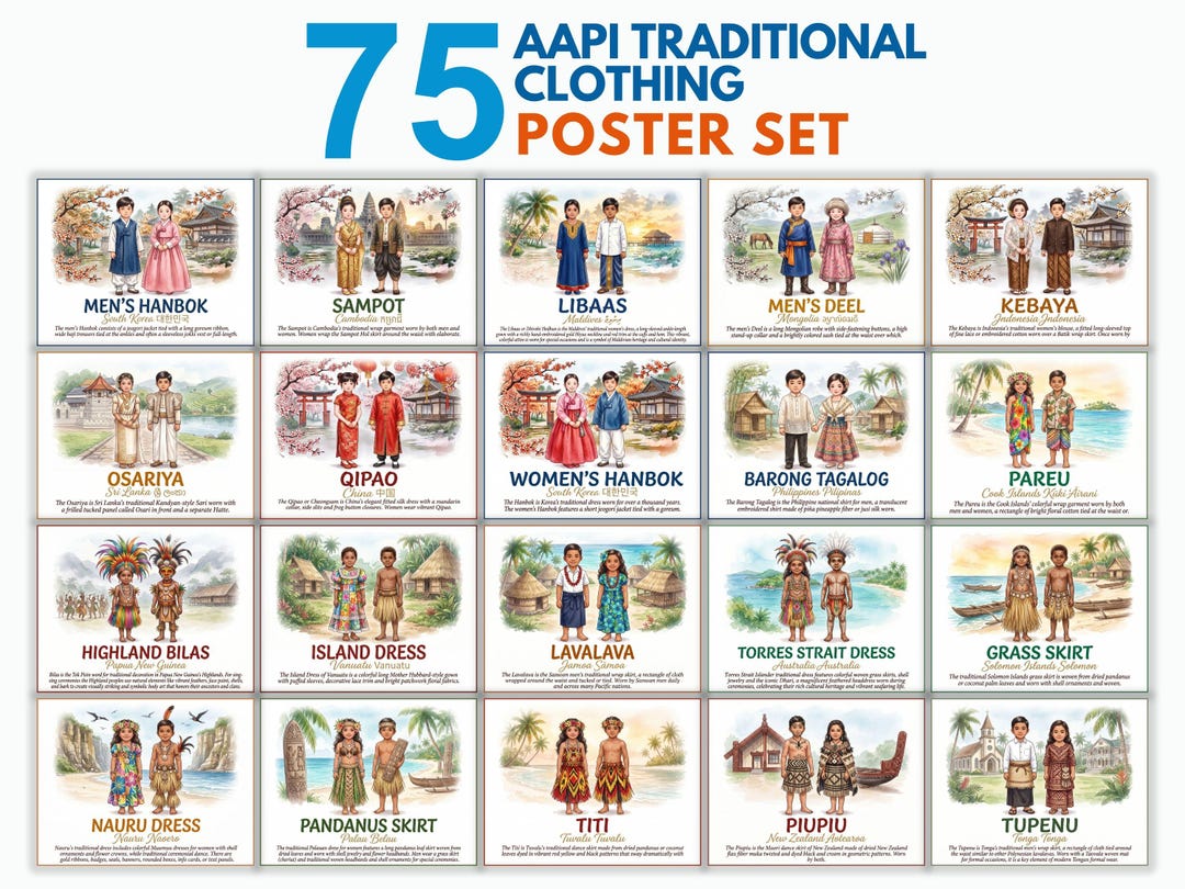 Aapi Clothes Asia Pacific Traditional Clothing Poster Set, 75 AAPI Countries World ...