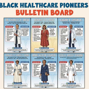 May include: A bulletin board featuring illustrations of six Black healthcare pioneers. The top row includes Dr. Charles R. Drew, Henrietta Lacks, and LaSalle D. Leffall Jr. The bottom row features Adah Belle Samuels Thoms, Mabel Keaton Staupers, and Estelle Massey Osborne.