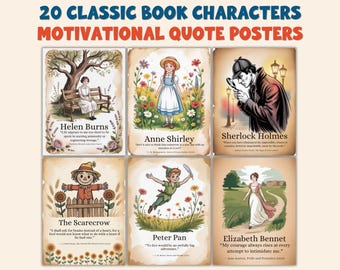 20 pósteres con citas de literatura clásica, láminas imprimibles de personajes de libros, decoración para el aula de inglés, rincón de lectura de lengua y literatura, tablón de anuncios de la biblioteca.