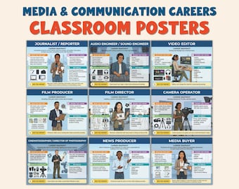 Karriärposters för media och kommunikation, journalistik, PR, marknadsföring, sändning, karriärutforskning, anslagstavla för karriärdagen, väggdekorationer för klassrummet