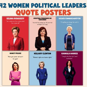 Könnte beinhalten: Eine Posterkollektion mit 42 Politikerinnen. Jedes Poster zeigt ein Porträt und ein Zitat von Führungspersönlichkeiten wie Dilma Rousseff, Cristina Fernández de Kirchner und Kamala Harris. Die Poster haben farbenfrohe Hintergründe.