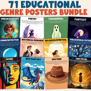 Può includere: Un pacchetto di 71 poster educativi sui generi. I poster presentano illustrazioni colorate e testo che descrive vari generi letterari, tra cui Fantasy Urbana, Poesia, Paranormale, Fantasy, Giallo/Detective, Romanzo Storico, Religioso/Spirituale, Fiction Filosofica, Satira, Fantasy Epica, Western e Viaggi nel Tempo.