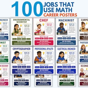 Könnte beinhalten: Eine Sammlung von 100 Karrierepostern mit dem Titel 100 Jobs That Use Math, die illustrierte Fachleute wie Bauingenieure, Köche und Kryptografen zeigen. Jedes Poster enthält Abschnitte mit den Titeln What Do They Do, Math They Use und Did You Know.