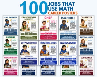 Jobs That Use Math Posters, Set of 100 Career Bulletin Board, Real World Math Classroom Decor, When Will I Use Math, Printable PDF