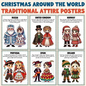Puede incluir: Un póster titulado "Christmas Around the World Traditional Attire Posters" presenta ilustraciones de niños con trajes festivos tradicionales de Rusia, Reino Unido, Noruega, Portugal, España e Irlanda. Cada ilustración va acompañada de una breve descripción.