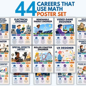 Puede incluir: Un conjunto de carteles educativos titulados 44 Careers That Use Math, que presentan ilustraciones individuales de diversas profesiones, incluyendo científico de computación cuántica, ingeniero eléctrico, animador y otros, con texto e iconos.