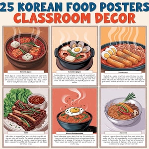 May include: A collection of 25 Korean food posters for classroom decoration. The posters showcase vibrant illustrations of Korean dishes like kimchi jjigae, sundubu jjigae, and tteokbokki. The text at the top says "25 Korean Food Posters Classroom Decor."