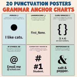 May include: A colorful poster set with grammar anchor charts. Each chart explains a punctuation mark, such as the period, underscore, curly braces, at symbol, number sign, and ampersand, with examples. The text is in a clear, easy-to-read font.
