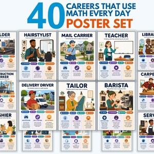 May include: A 40 careers that use math every day poster set featuring illustrated educational charts for various professions including welder, hairstylist, mail carrier, teacher, librarian, construction worker, delivery driver, tailor, barista, cashier, and server.