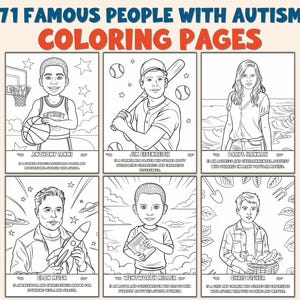 Op de afbeelding: Een kleurboekpagina-set met 71 beroemde mensen met autisme. De pagina's zijn zwart-wit lijntekeningen van verschillende individuen, waaronder atleten, acteurs en ondernemers. De titel "COLORING PAGES" staat in een vetgedrukte, oranje letter.