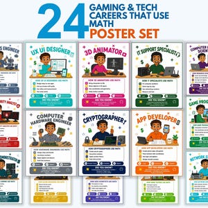 May include: A set of 24 educational posters titled Gaming & Tech Careers That Use Math. Each poster features a cartoon professional in a specific field like Robotics Engineer or App Developer, with text explaining how math is applied in their work.
