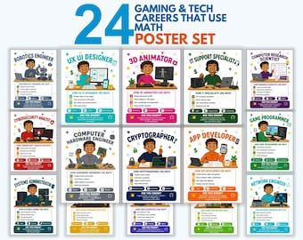 Tech & Gaming Math Career Posters, Careers That Use Math, STEM Classroom Decor, Coding Bulletin Board, Homeschool Printable PDF