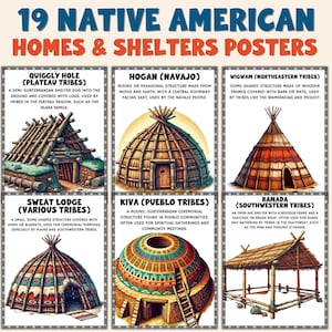 May include: A poster titled "19 Native American Homes & Shelters" features illustrations of various dwellings. These include a Quiggly Hole, Hogan, Wigwam, Sweat Lodge, Kiva, and Ramada. Each image is accompanied by a description of the structure and the tribe that used it.