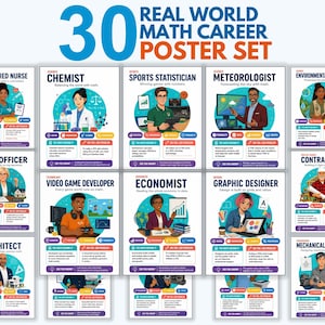 Può includere: Un set di 30 poster sulle carriere matematiche nel mondo reale con professionisti illustrati, tra cui infermieri, chimici, statistici sportivi, meteorologi, scienziati ambientali, funzionari di prestito, sviluppatori di videogiochi e ingegneri.