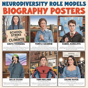 Könnte beinhalten: Ein Poster mit dem Titel "Neurodiversitäts-Vorbilder Biografie-Poster" zeigt sechs illustrierte Porträts. Die Porträts zeigen Greta Thunberg mit einem Schild, Temple Grandin, Daniel Radcliffe, Billie Eilish, Tom Holland und Salma Hayek.